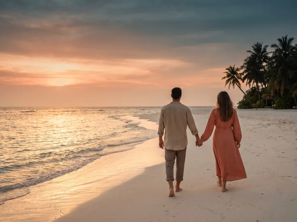 Couple walking hand in hand along a white-sand beach at sunset, seen from behind