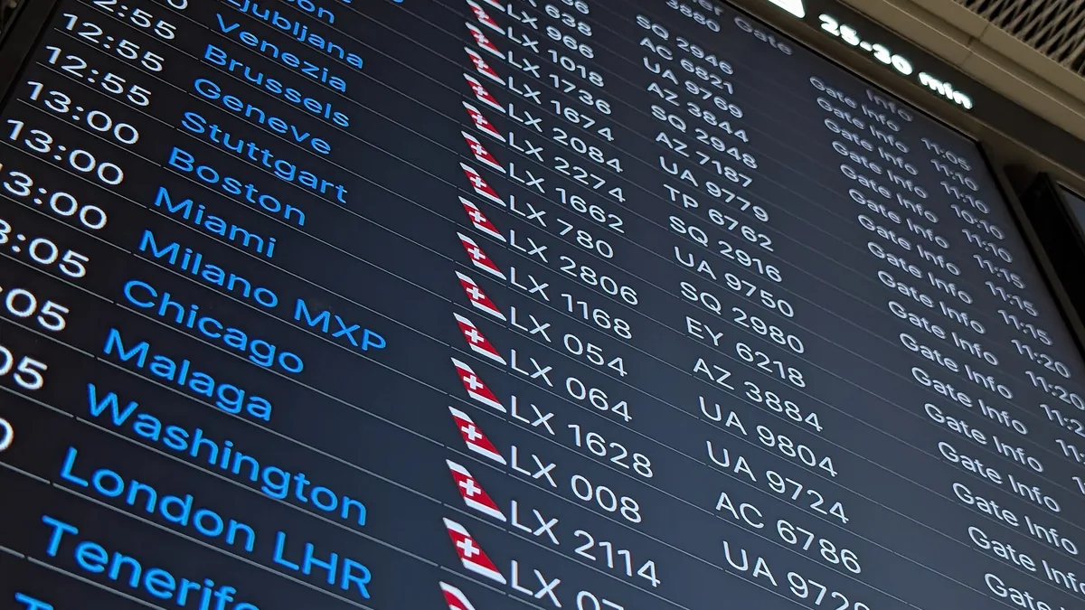 Departures board at an international airport