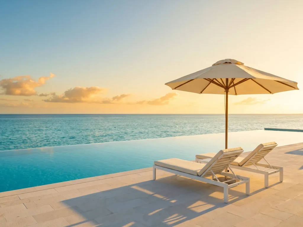 Empty infinity pool with two white sun loungers and a parasol beside a calm turquoise sea