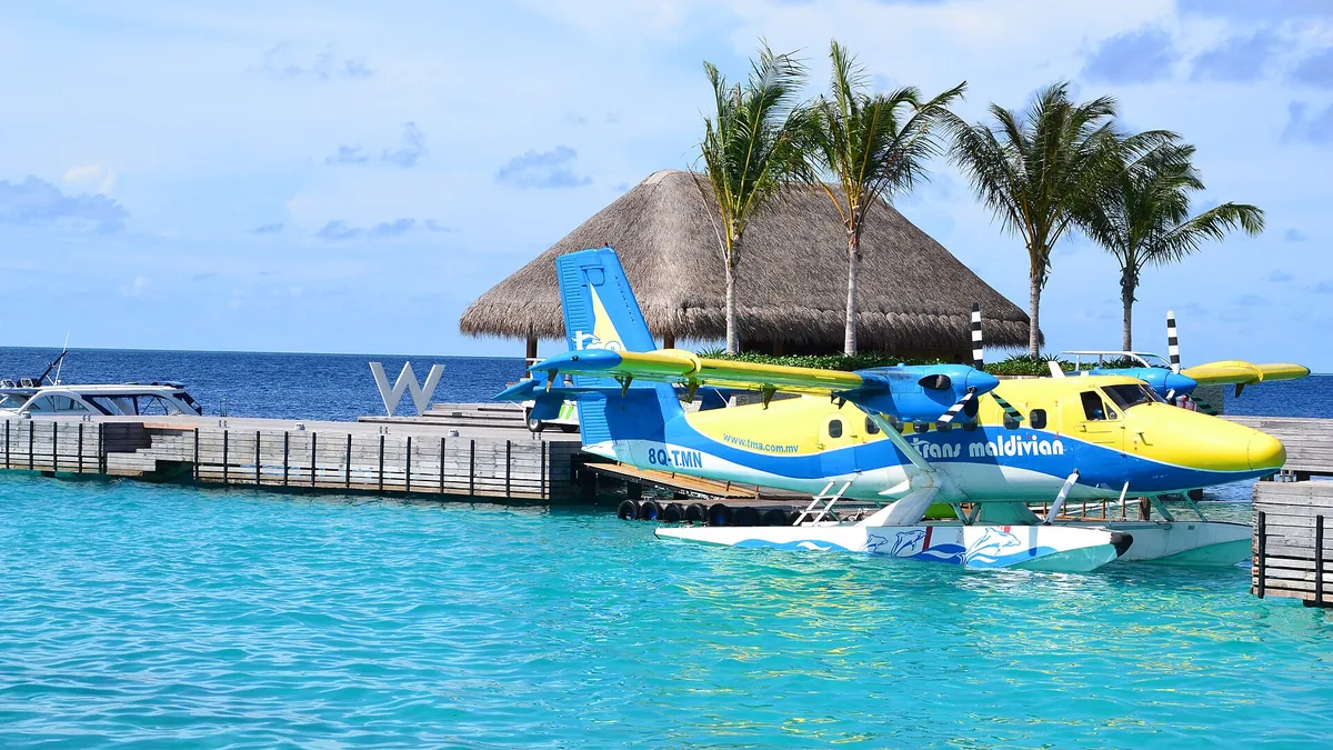 Seaplane at a resort jetty in the Maldives