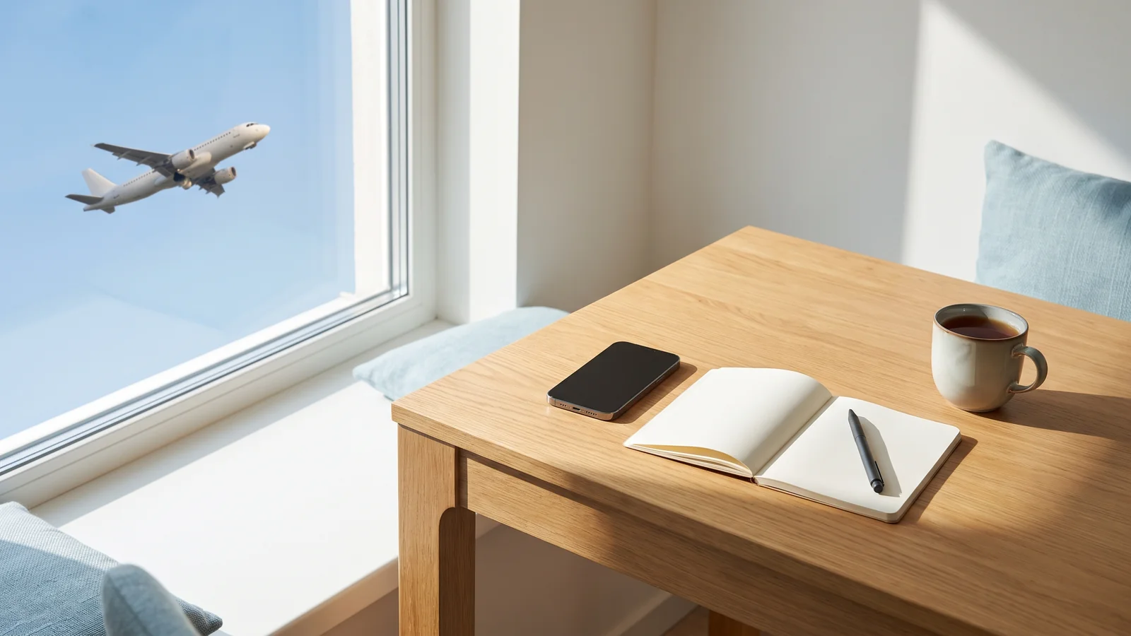 Phone, open notebook and tea on a desk by a window as a plane flies past