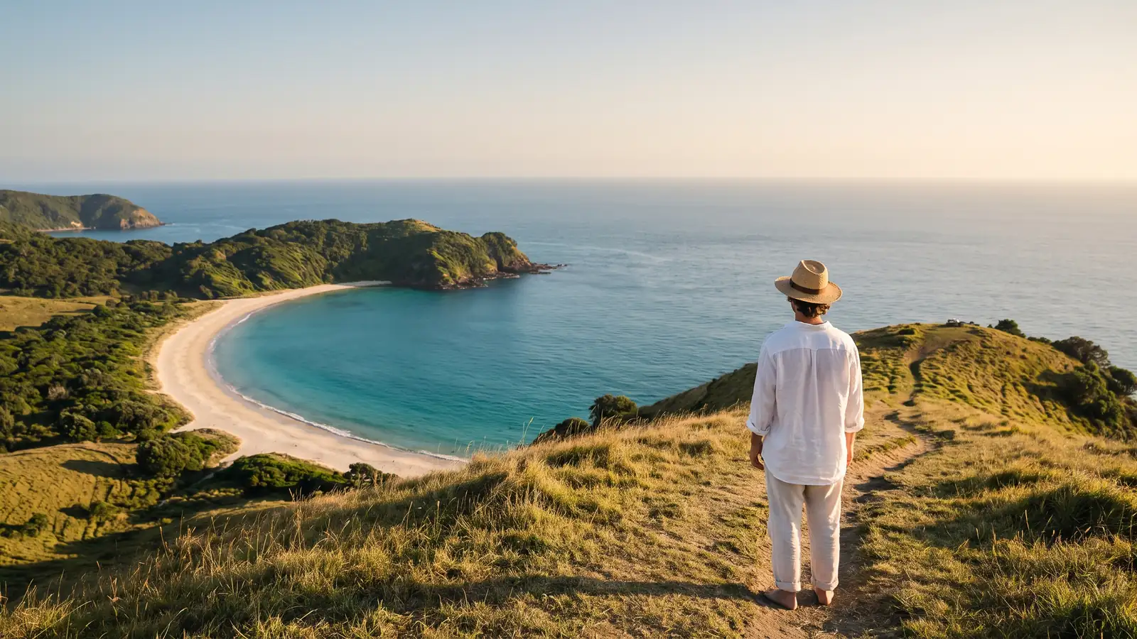 Traveller in a sun hat looking out over a turquoise bay and white-sand beach from a cliff top